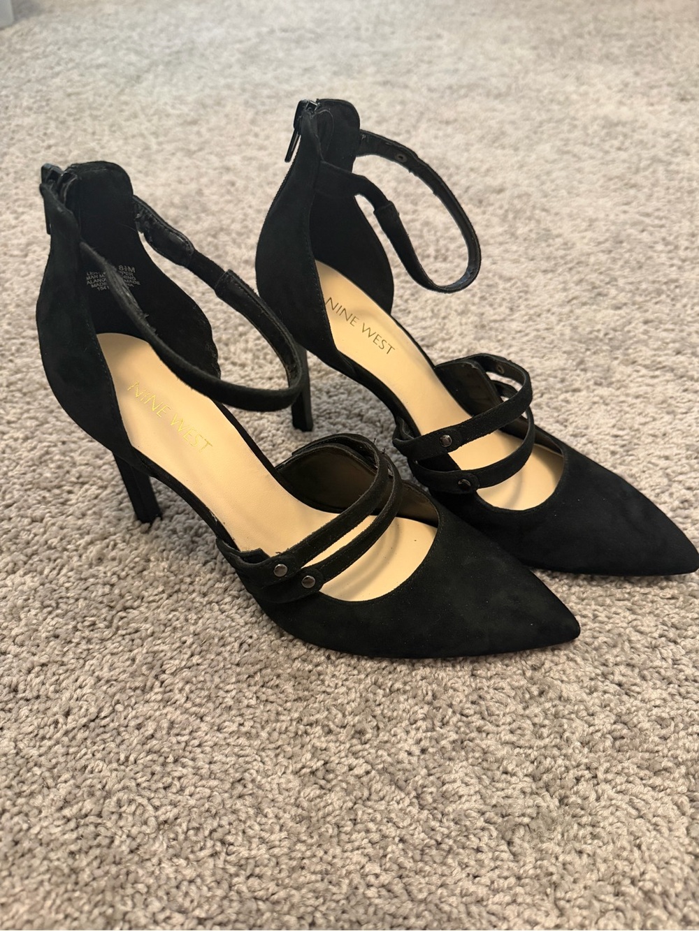 Nine West Black Suede Pointed Ankle-Strap Heels